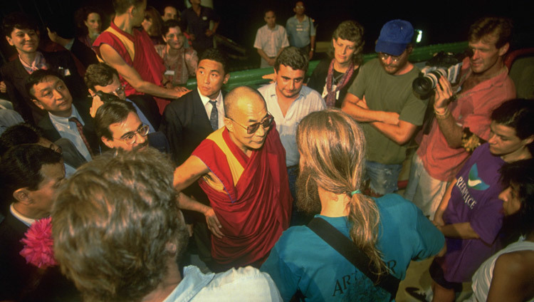 His Holiness the Dalai Lama visiting Greenpeace's Rainbow Warrior during the UNCED Rio Earth Summit in Rio De Janeiro, Brazil on June 1, 1992. (Photo by Green Peace / Steve Morgan)