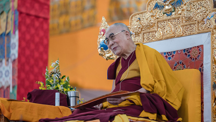 His Holiness the Dalai Lama during the third day of his preliminary teachings for the 34th Kalachakra Empowerment in Bodhgaya, Bihar, India on January 7, 2017. (Photo by Tenzin Choejor/OHHDL)