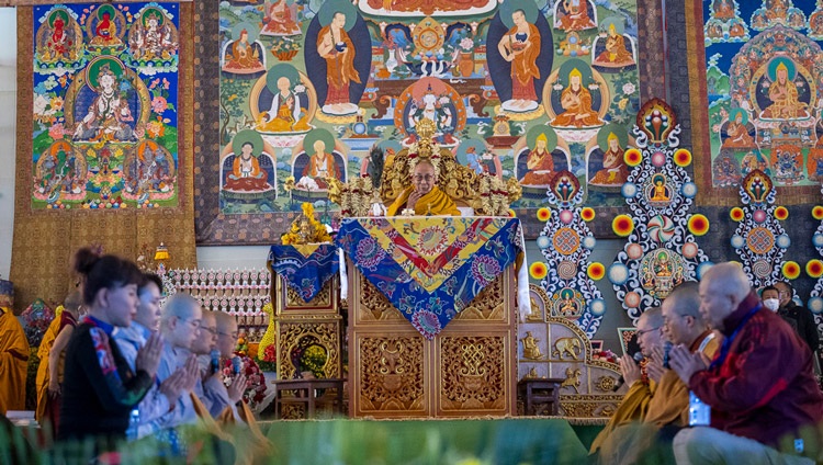 A group from Tawian chanting the ‘Heart Sutra’ in Mandarin at the start of the third day of His Holiness the Dalai Lama's teachings at the Kalachakra Ground in Bodhgaya, Bihar, India on December 31, 2023. Photo by Tenzin Choejor