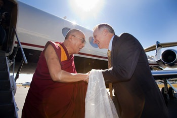 His Holiness the Dalai Lama greeted on his arrival in Atlanta by Emory University’s President Dr. James W. Wagner on October 16th, 2010. Photo/Emory University