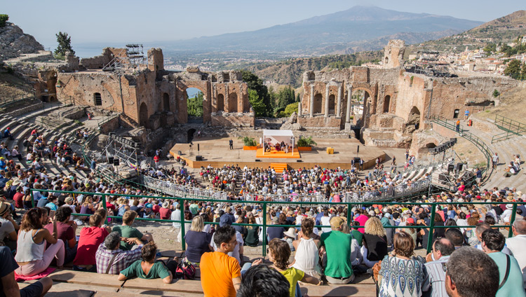 A view of the Greek Theatre with over 2,500 people attending the talk by His Holiness the Dalai Lama on "Peace is the Meeting of Peoples" in Taormina, Sicily, Italy on September 16, 2017. Photo by Paolo Regis