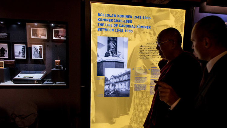 His Holiness the Dalai Lama viewing the exhibition an exhibition, "Forgiveness and Reconciliation" dedicated to Cardinal Kominek, an unrecognized father of Europe at City Museum in Wroclaw, Poland on September 20, 2016. Photo/Maciej Kulczynski