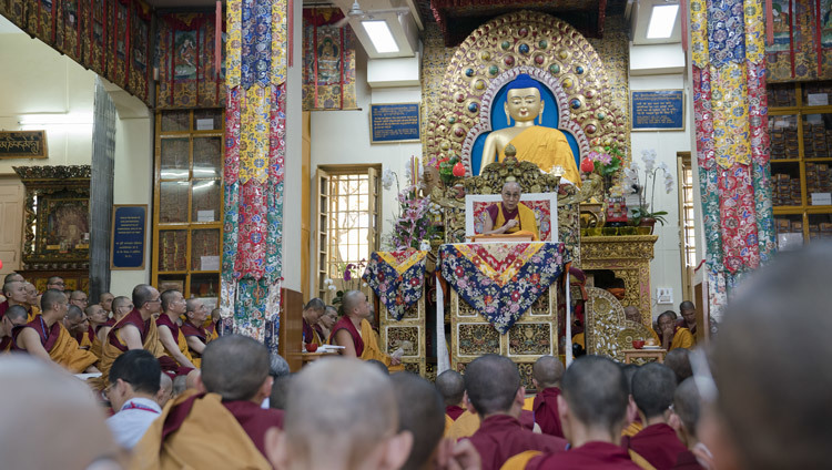 His Holiness the Dalai Lama speaking on the third day of his teachings at the Main Tibetan Temple in Dharamsala, HP, India on October 5, 2016. Photo/Tenzin Choejor/OHHDL