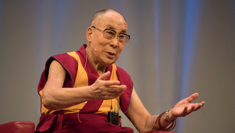 His Holiness the Dalai Lama speaking at the Kursaal Arena in Bern, Switzerland on October 13, 2016. Photo/Manuel Bauer