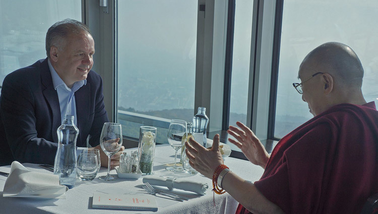 His Holiness the Dalai Lama meeting with His Excellency, Andrej Kiska, President of Slovakia, over lunch at the Altitude Restaurant in Bratislava, Slovakia on October 16, 2016. Photo/Jeremy Russell/OHHDL