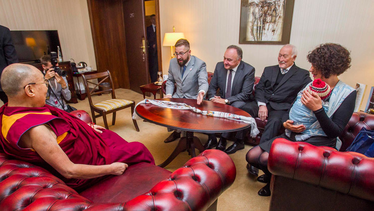 His Holiness the Dalai Lama meeting with an official Slovakian Parliamentary delegation at his hotel in Bratislava, Slovakia on October 16, 2016. Photo/Somogyi