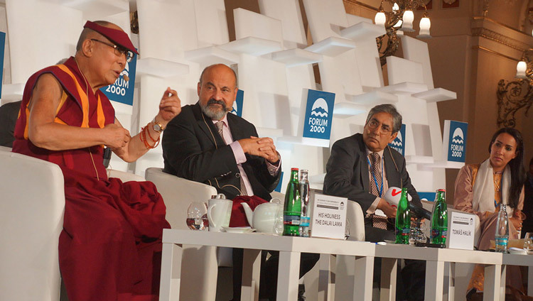 His Holiness the Dalai Lama speaking at the Forum 2000 closing panel in Prague, Czech Republic on October 18, 2016. Photo/Olivier Adam