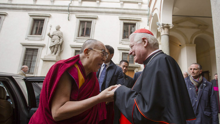 Cardinal of Milan Angelo Scola and His Holiness the Dalai Lama exchanging greetings on His Holiness's arrival at the Cardinal's residence in Milan, Italy on October 20, 2016. Photo/Tenzin Choejor/OHHDL