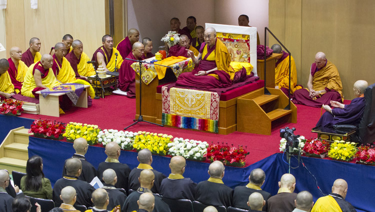 His Holiness the Dalai Lama on the first day of his three day teaching at Seifu High School auditorium in Osaka, Japan on November 11, 2016. Photo/Jigme Choephel