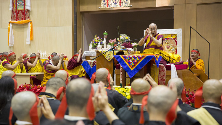 His Holiness the Dalai Lama giving the Common and Uncommon Permission of Wish-fulfilling Green Tara on the final day of his teachings in Osaka, Japan on November 13, 2016. Photo/Jigme Choephel