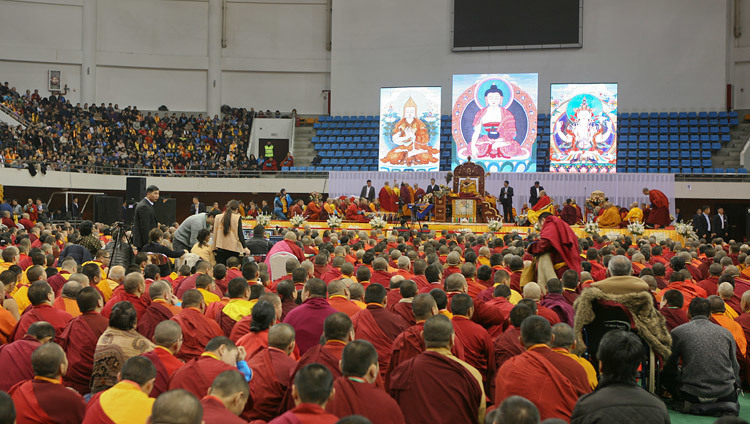 A view of the stage at the Buyant Uhaa Sports Complex during His Holiness the Dalai Lama's teaching in Ulaanbaatar, Mongolia on November 20, 2016. Photo/Igor Yanchoglov