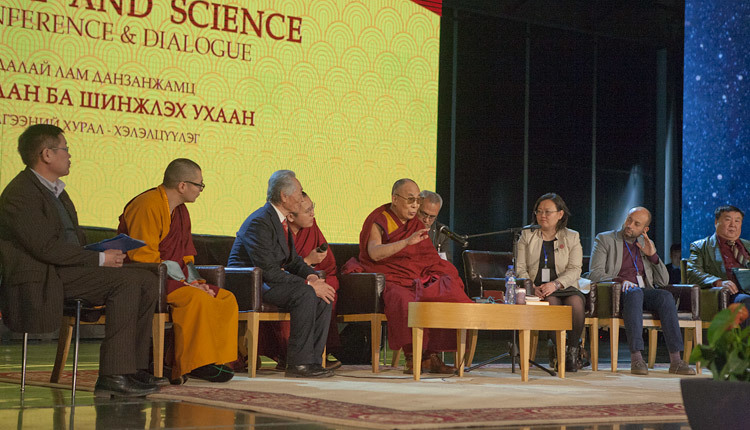 His Holiness the Dalai Lama speaking at the International Conference on Buddhism and Science in Ulaanbaatar, Mongolia on November 21, 2016. Photo/Igor Yanchoglov
