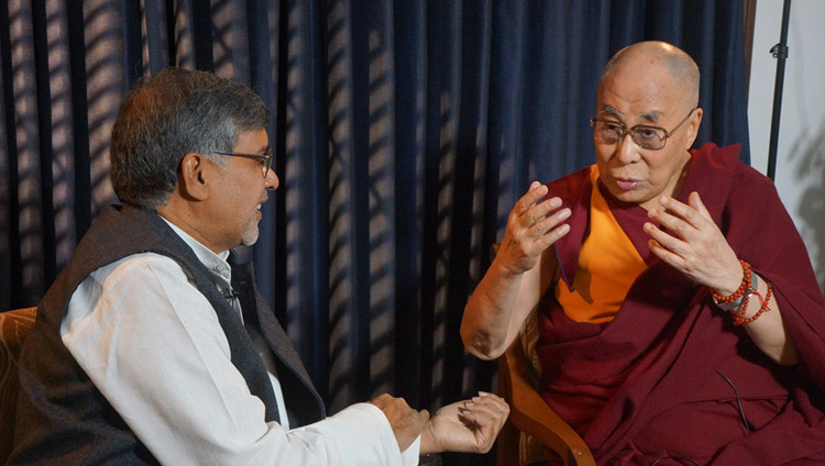 Nobel Peace Laureates Kailash Satyarthi and His Holiness the Dalai Lama during an interview for CBS in New Delhi, India on December 9, 2016. Photo/Jeremy Russell/OHHDL
