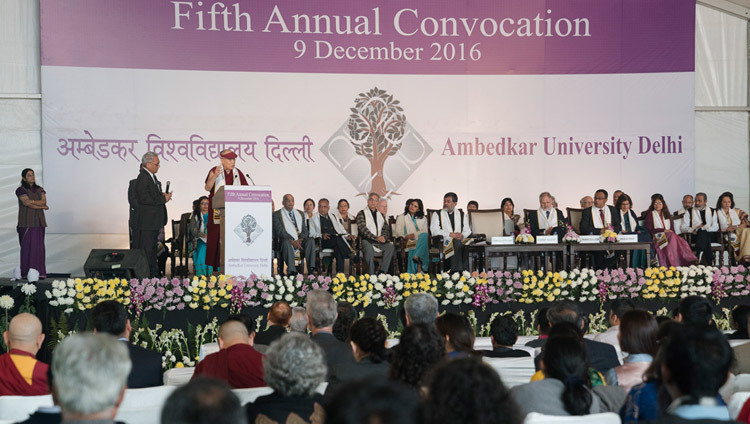 His Holiness the Dalai Lama speaking at the Fifth Annual Convocation at Ambedkar University in New Delhi, India on December 9, 2016. Photo/Tenzin Choejor/OHHDL