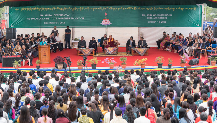 Principal Dr B Tsering speaking at the Inaugural Cceremony of the Dalai Lama Institute for Higher Education in Bengaluru, Karnataka, India on December 14, 2016. Photo/Tenzin Choejor/OHHDL