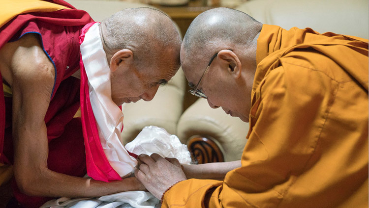 His Holiness the Dalai Lama meeting the newly installed 103rd Ganden Tripa, Jetsun Lobsang Tenzin, at Drepung Lachi Monastery in Mundgod, Karnataka, India on December 17, 2016. Photo/Tenin Choejor/OHHDL
