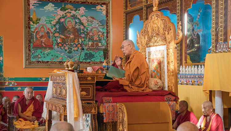 His Holiness the Dalai Lama speaking at Drepung Deyang Monastery in Mundgod, Karnataka, India on December 17, 2016. Photo/Tenin Choejor/OHHDL