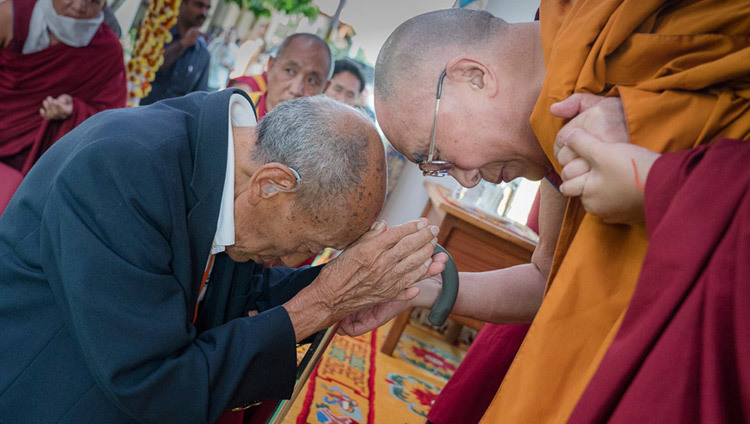 His Holiness the Dalai Lama with Ratö Khyongla Rinpoche at Ratö Dratsang in Mundgod, Karnataka, India on December 17, 2016. Photo/Tenin Choejor/OHHDL