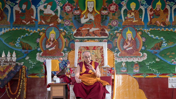 His Holiness the Dalai Lama speaking at the new debate yard at Ratö Dratsang in Mundgod, Karnataka, India on December 17, 2016. Photo/Tenin Choejor/OHHDL
