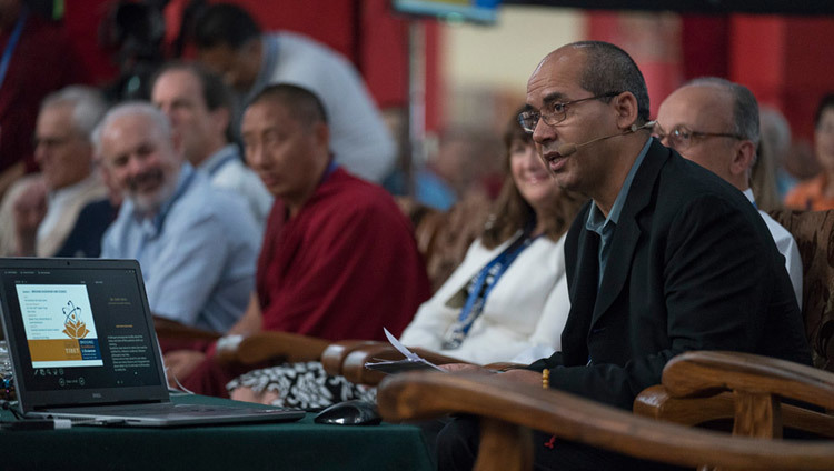 Geshe Lobsang Tenzin Negi introducing the opening session of the Emory Tibet Symposium at Drepung Loseling in Mundgod, Karnataka, India on December 18, 2016. Photo/Tenzin Choejor/OHHDL