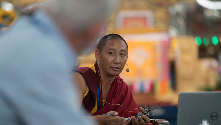 Ven Sonam Choephel delivering his presentation on the knowledge of valid cognition in Buddhism at the Emory Tibet Symposium at Drepung Loseling in Mundgod, Karnataka, India on December 18, 2016. Photo/Tenzin Choejor/OHHDL