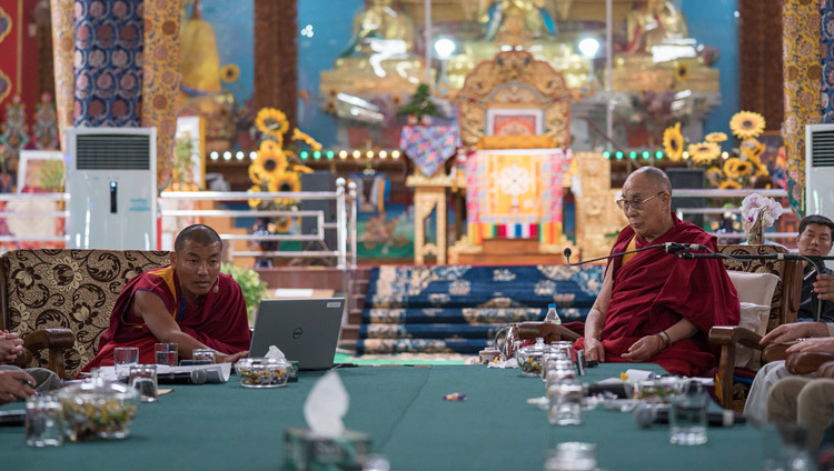 Geshe Ngawang Norbu discussing Buddhist perspectives on the origin of life on earth on the second day of the Emory Tibet Symposium at Drepung Loseling in Mundgod, Karnataka, India on December 19, 2016. Photo/Tenzin Choejor/OHHDL