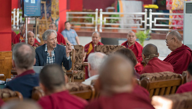 Dr Chris Impey delivering his presentation on the second day of the Emory Tibet Symposium at Drepung Loseling in Mundgod, Karnataka, India on December 19, 2016. Photo/Tenzin Choejor/OHHDL