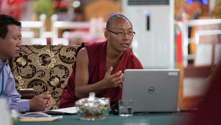 Ven Thabkhe delivering his presentation on the second day of the Emory Tibet Symposium at Drepung Loseling in Mundgod, Karnataka, India on December 19, 2016. Photo/Tenzin Choejor/OHHDL