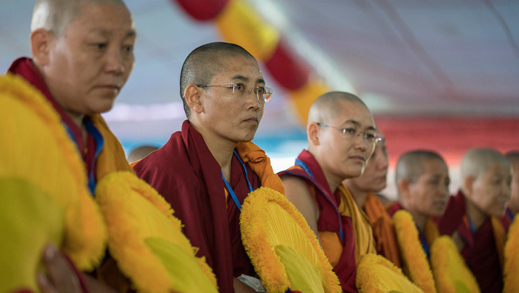 Some of the twenty nuns to be awarded Geshe-ma degrees sitting in the front row in the courtyard of Drepung Lachi Monastery in Mundgod, Karnataka, India on December 22, 2016. Photo/Tenzin Choejor/OHHDL