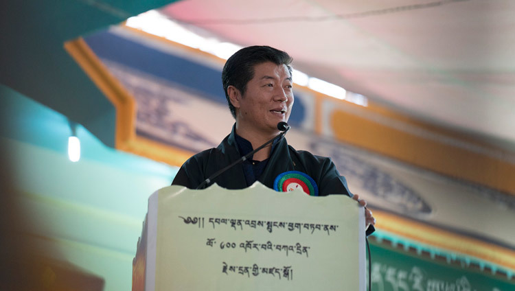 Sikyong Dr Lobsang Sangay speaking at the ceremony to award nuns the first Geshe-ma degrees at Drepung Lachi in Mundgod, Karnataka, India on December 22, 2016. Photo/Tenzin Choejor/OHHDL