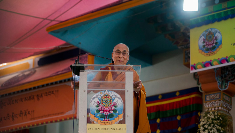 His Holiness the Dalai Lama speaking at the ceremony to award nuns the first Geshe-ma degrees at Drepung Lachi in Mundgod, Karnataka, India on December 22, 2016. Photo/Tenzin Choejor/OHHDL