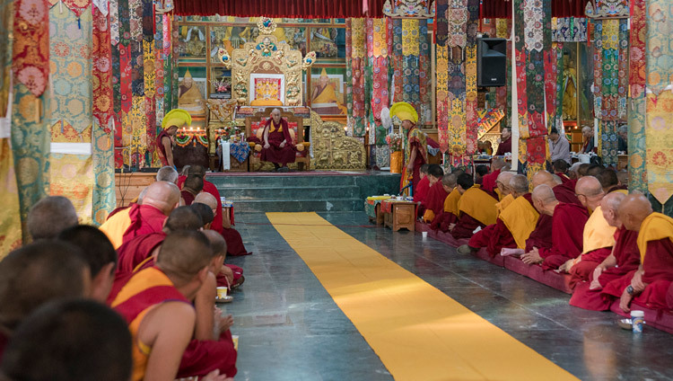 His Holiness the Dalai Lama during welcoming ceremonies on his arrival at Ganden Lachi Monastery in Mundgod, Karnataka, India on December 22, 2016. Photo/Tenzin Choejor/OHHDL