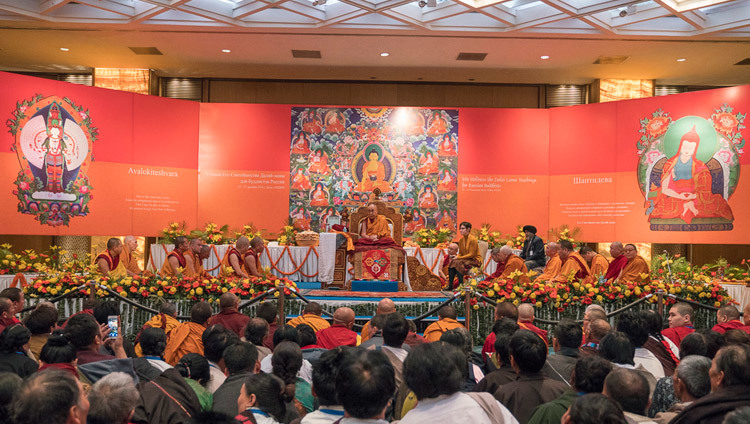 His Holiness the Dalai lama answering questions from the audience during his teaching in Delhi, India on December 26, 2016. Photo/Tenzin Choejor/OHHDL