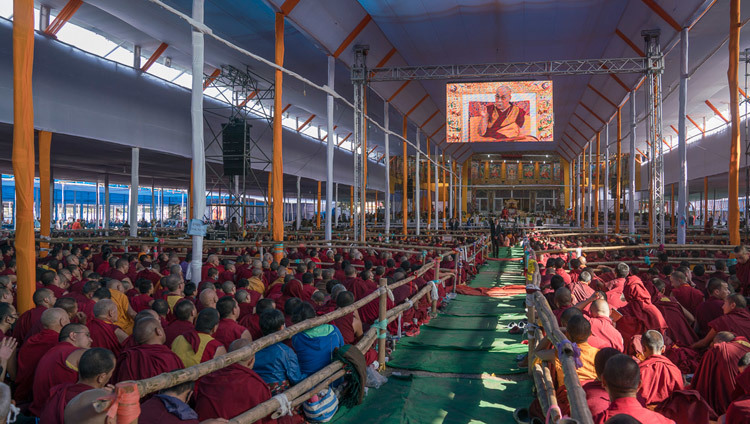 A view from the back of the Kalachara teaching ground during His Holiness the Dalai Lama's teachings preliminary to the Kalachakra Empowerment in Bodhgaya, Bihar, India on January 5, 2017. Photo/Tenzin Choejor/OHHDL