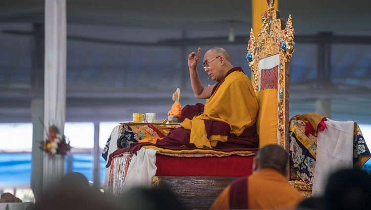 His Holiness the Dalai Lama during the Kalachakra preliminary teachings at the Kalachakra ground in Bodhgaya, Bihar, India on January 6, 2017. Photo/Tenzin Choejor/OHHDL