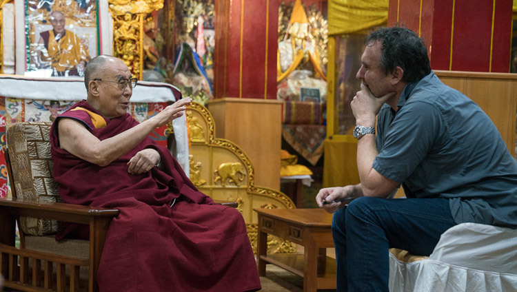 Michael Ware interviewing His Holiness the Dalai Lama for National Geographic Television in Bodhgaya, Bihar, India on January 11, 2017. Photo/Tenzin Choejor/OHHDL