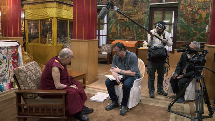 Michael Ware interviewing His Holiness the Dalai Lama for National Geographic Television in Bodhgaya, Bihar, India on January 11, 2017. Photo/Tenzin Choejor/OHHDL