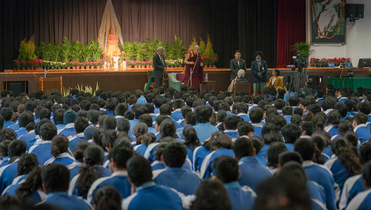 His Holiness the Dalai Lama addressing students at The Mother’s International School in New Delhi, India on January 21, 2017. Photo/Tenzin Choejor/OHHDL