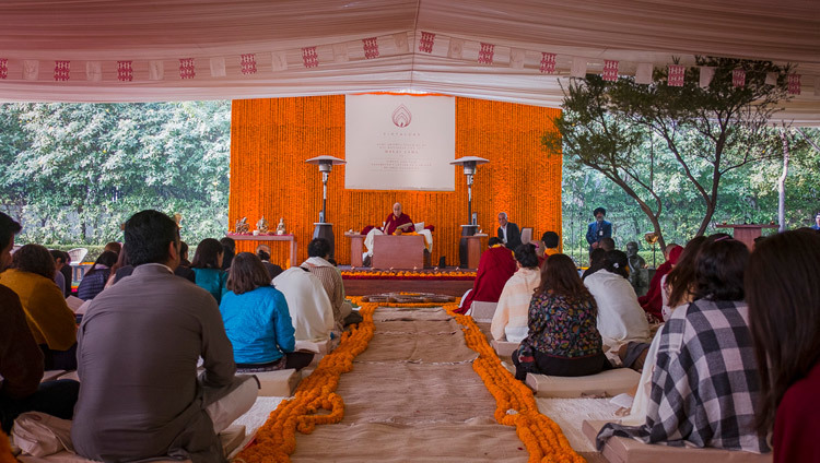 His Holiness the Dalai Lama speaking at the Vidyaloke teachings in New Delhi, India on February 3, 2017. Photo/Tenzin Choejor/OHHDL