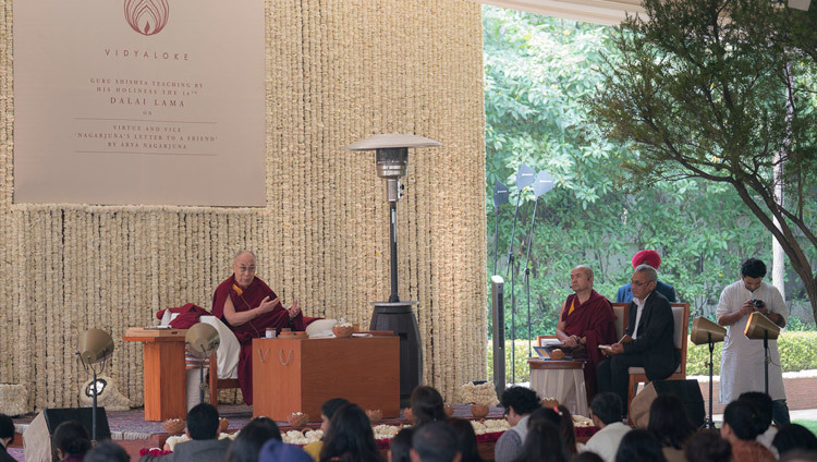 His Holiness the Dalai Lama speaking on the second day of the Vidyaloke teachings in New Delhi, India on February 4, 2017. Photo/Tenzin Choejor/OHHDL