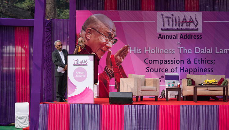 His Holiness the Dalai Lama speaking at the Convent of Jesus and Mary in New Delhi, India on February 6, 2017. Photo/Tenzin Choejor/OHHDL