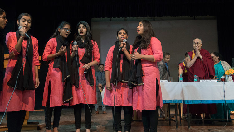 A group of students singing a song to welcome His Holiness the Dalai Lama at the start of his talk at Jesus & Mary College in New Delhi, India on February 7, 2017. Photo/Tenzin Choejor/OHHDL