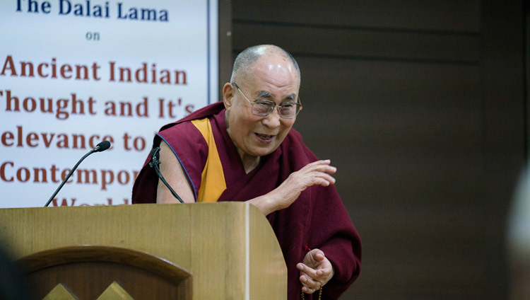 His Holiness the Dalai Lama speaking at the Vivekananda International Foundation in New Delhi, India on February 8, 2017. Photo/Tenzin Choejor/OHHDL