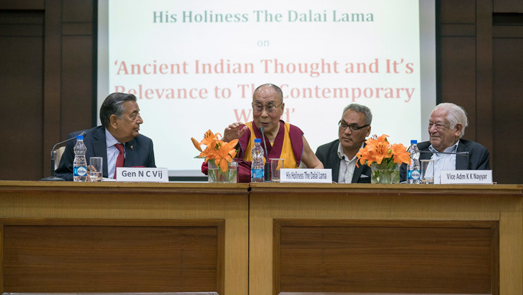 His Holiness the Dalai Lama answering questions from the audience during his talk at the Vivekananda International Foundation in New Delhi, India on February 8, 2017. Photo/Tenzin Choejor/OHHDL