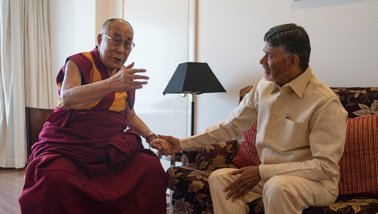 His Holiness the Dalai Lama with Andhra Pradesh Chief Minister Nara Chandrababu Naidu before the inaugural ceremony of the first National Women’s Parliament in Amaravati, AP, India on February 10, 2017. Photo by Tenzin Choejor/OHHDL