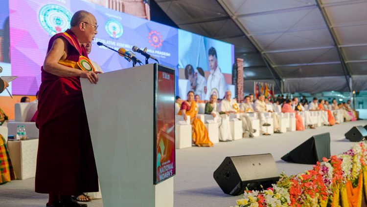 His Holiness the Dalai Lama speaking at the inauguration of the first National Women’s Parliament in Amaravati, AP, India on February 10, 2017. Photo by Tenzin Choejor/OHHDL