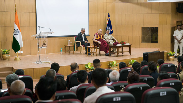 His Holiness the Dalai Lama speaking at the Sardar Vallabhbhai Patel National Police Academy in Hyderabad, Telangana, India on February 11, 2017. Photo by Tenzin Choejor/OHHDL