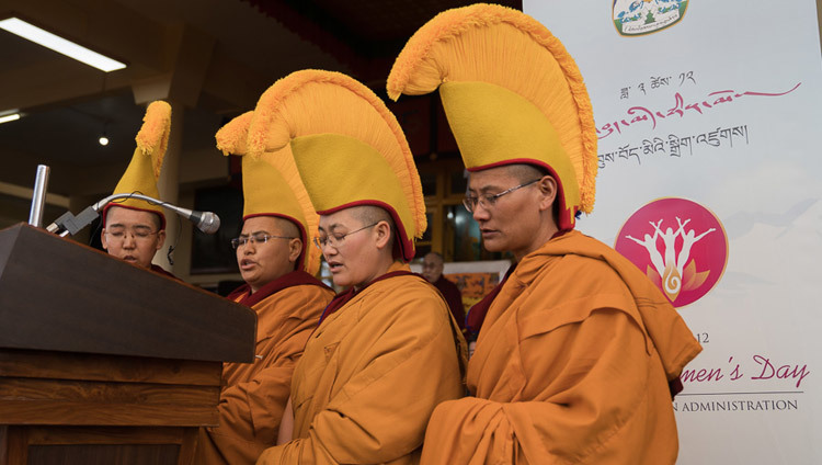 Four Geshe-mas leading prayers at the start of the 1st Tibetan Women's Day event at the Tsuglagkhang courtyard in Dharamsala, HP, India, on March 12, 2017. Photo by Tenzin Choejor/OHHDL