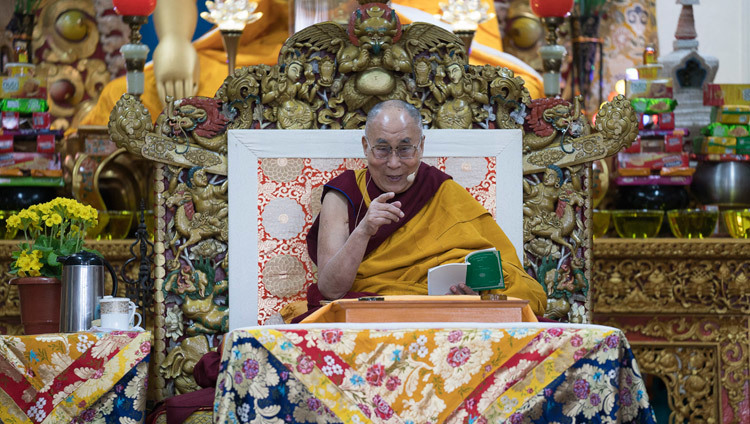 His Holiness the Dalai Lama during the first day of his two day teaching at the Main Tibetan Temple in Dharamsala, HP, India on March 13, 2017. Photo by Tenzin Choejor/OHHDL
