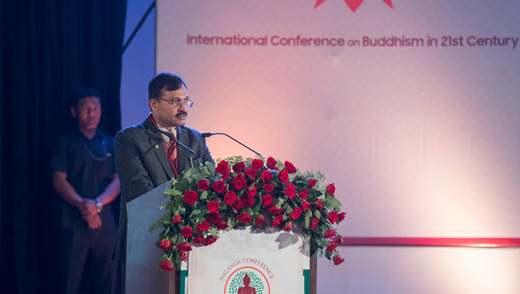 Shri N.K. Sinha, Secretary, Ministry of Culture, Government of India, delivering his opening address at the inauguration of an International Conference on the Relevance of Buddhism in the 21st Century in Rajgir, Bihar, India on March 17, 2017. Photo by Tenzin Choejor/OHHDL